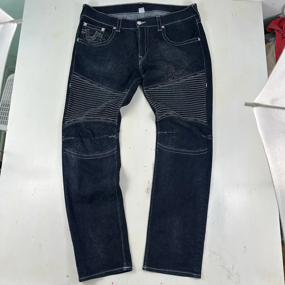 EUC True‎ Religion Men's Tag 38 Dark Blue Moto Stretch Jeans 42x34 Thick Stitch